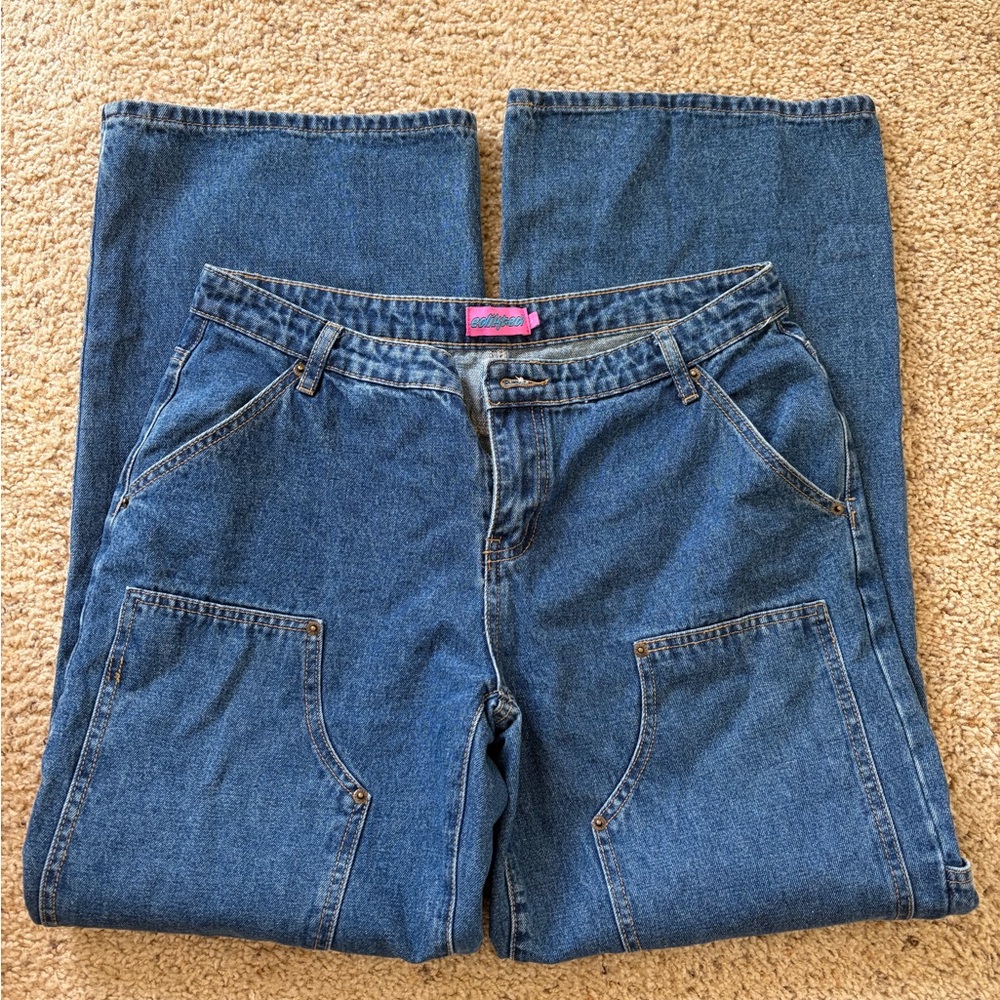 Edikted Blue Wide-Leg Flare Jeans with Front Patch Pockets
